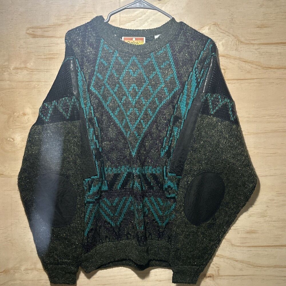 Juice Vintage Knit Sweater Leather Sleeves Men’s M Retro Acrylic Nylona